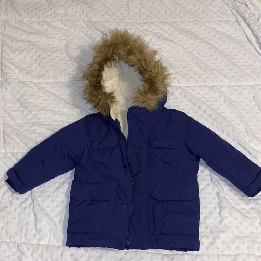 Toddler boy 18-24 month navy fur hooded coat. Excellent condition.